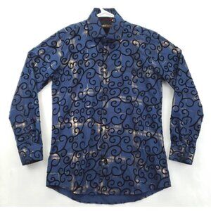 Suslo Couture Shirt Mens Small Blue Black 4-Way Stretch Felt Paisley Button-Up